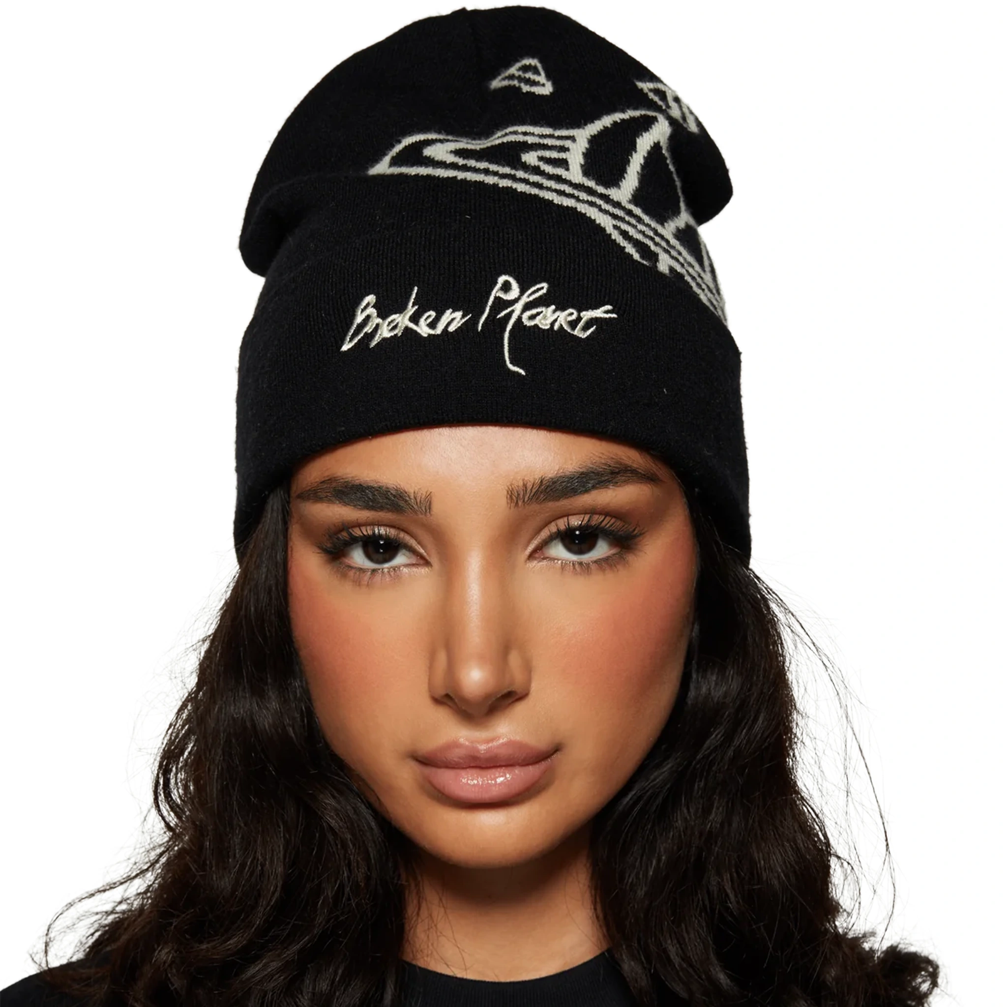 Model view of Broken Planet Midnight Black Beanie